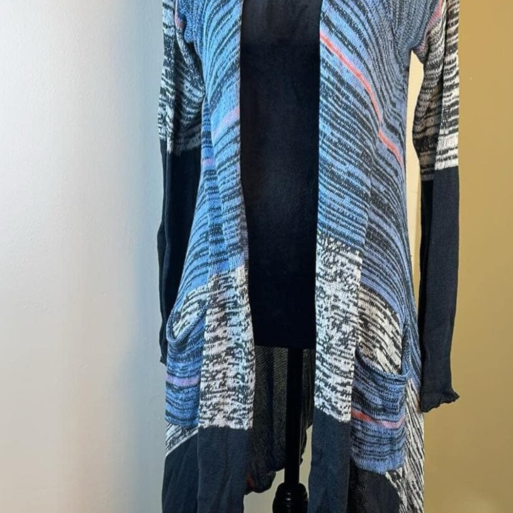 Elan Women's SZ LG Long Multicolor Open Faced Duster Asymmetrical Hem BoHo Hippi